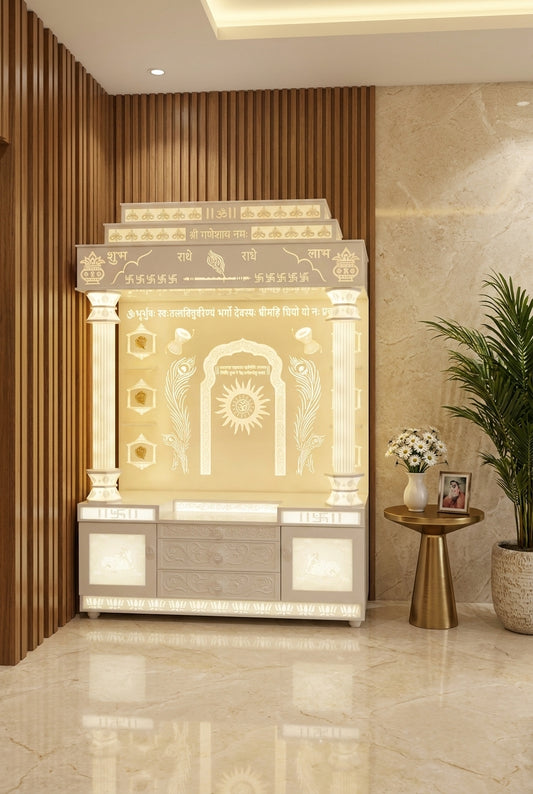 Damru Pillar Corian Temple with Backlit Design — Luxury Home Interior — Satguru Creations