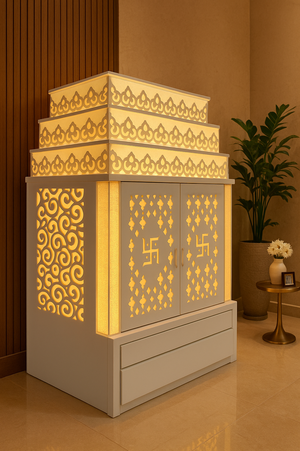 Wall-Mount Corian Mandir with Door — Compact Floating Temple — Luxury Indian Home Interior — Satguru Creations