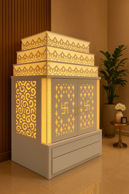 Wall-Mount Corian Mandir with Door — Compact Floating Temple — Luxury Indian Home Interior — Satguru Creations