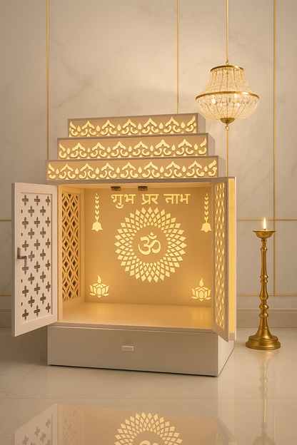 Wall-Mount Corian Mandir with Door — Compact Floating Temple — Luxury Indian Home Interior — Satguru Creations