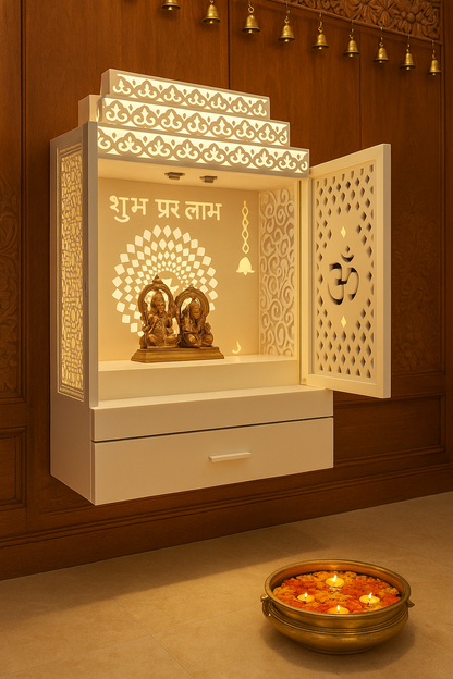 Wall-Mount Corian Mandir with Door — Compact Floating Temple — Luxury Indian Home Interior — Satguru Creations