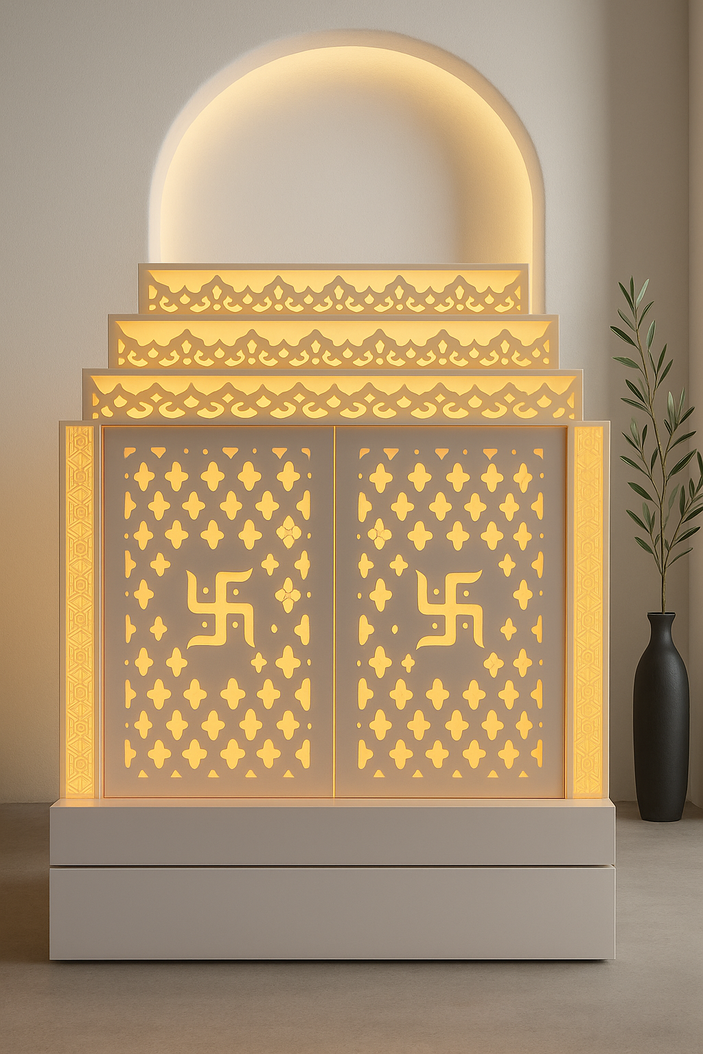 Wall-Mount Corian Mandir with Door — Compact Floating Temple — Luxury Indian Home Interior — Satguru Creations