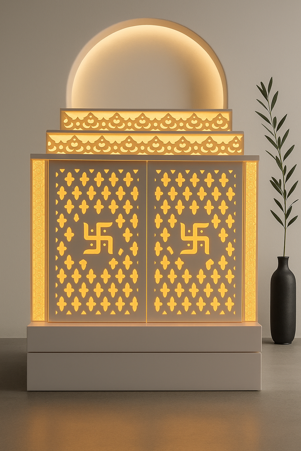 Wall-Mount Corian Mandir with Door — Compact Floating Temple — Luxury Indian Home Interior — Satguru Creations