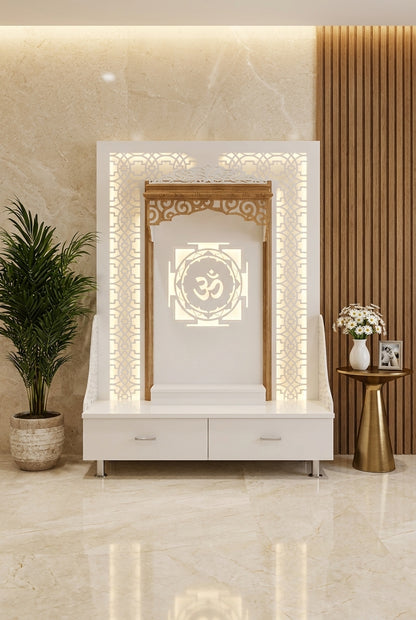 Low-Seating Corian Mandir Modern Floor Design for Home — Luxury Home Interior — Satguru Creations