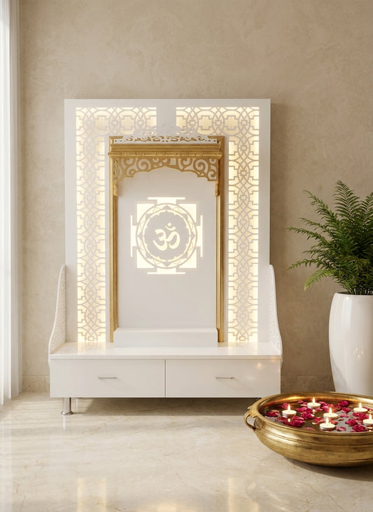 Low-Seating Corian Mandir Modern Floor Design for Home — Luxury Indian Home Interior — Satguru Creations