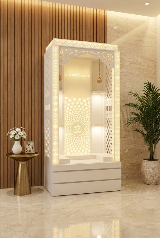 Corian Mandir with Display Shelves for Home Pooja Room — Luxury Home Interior — Satguru Creations