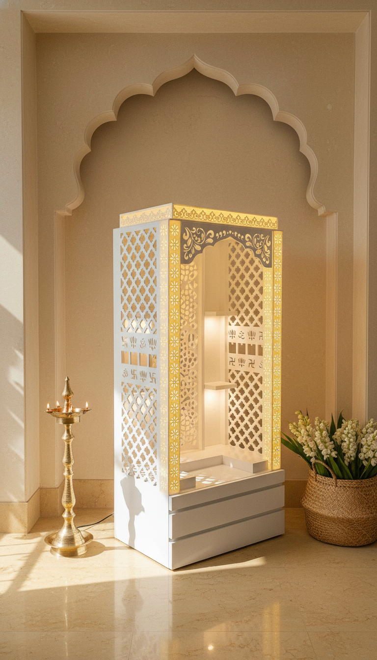 Corian Mandir with Display Shelves for Home Pooja Room — Luxury Indian Home Interior — Satguru Creations