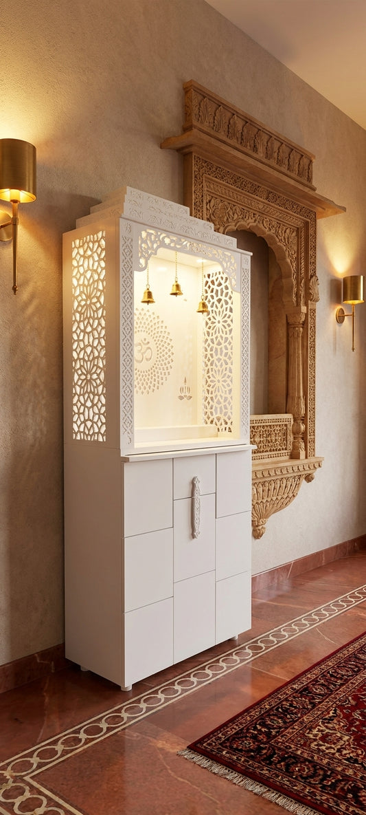 Corian Temple with Storage — Drawer Cabinet Pooja Unit — Luxury Indian Home Interior — Satguru Creations