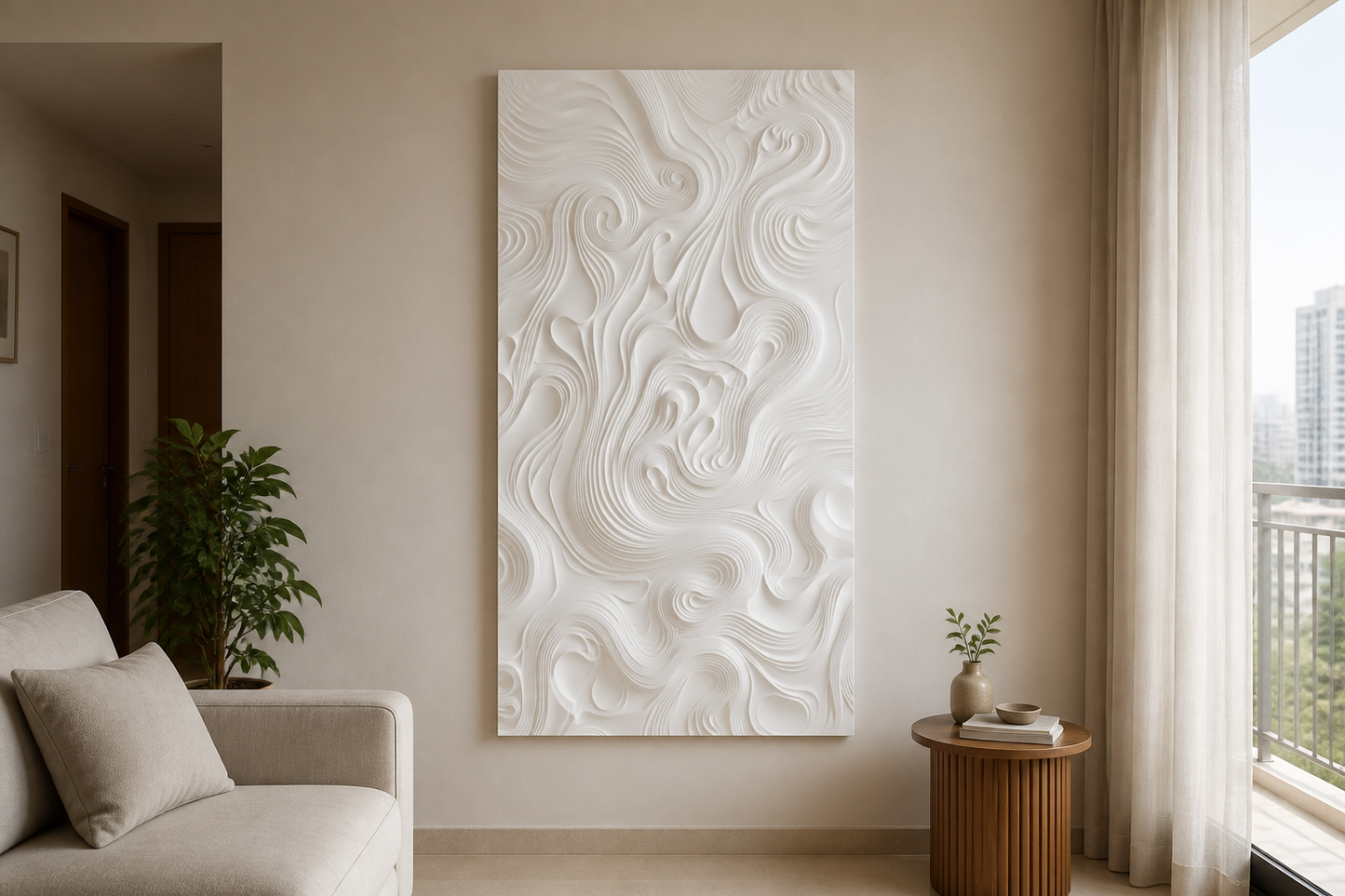 Eddying Flow white Corian wall panel, front view in a Mumbai home interior visualisation