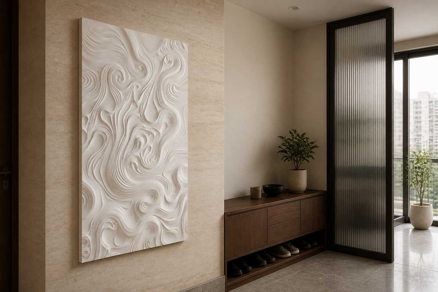 Eddying Flow white Corian wall panel, left angle view in a Mumbai home interior visualisation