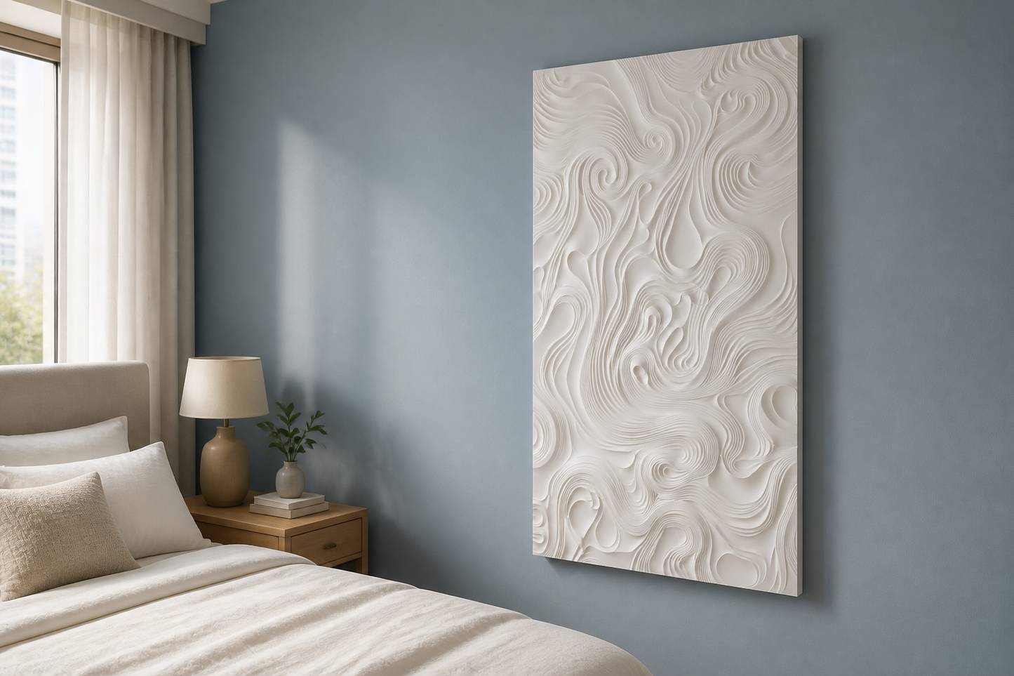 Eddying Flow white Corian wall panel, right angle view in a Mumbai home interior visualisation