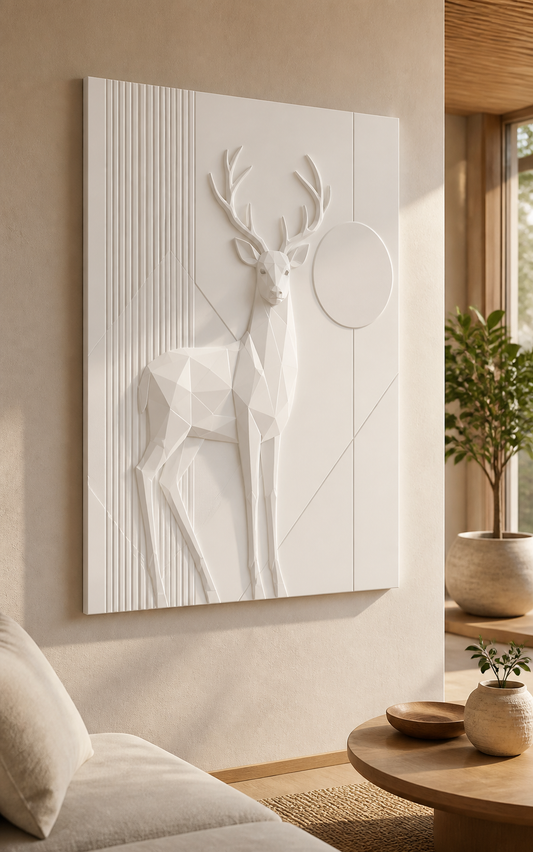 Faceted Stag Geometry satin white Corian wall panel, left view in a bright Powai family lounge