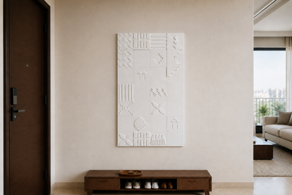 Geometric Mosaic white Corian wall panel, front view in a Mumbai home interior visualisation