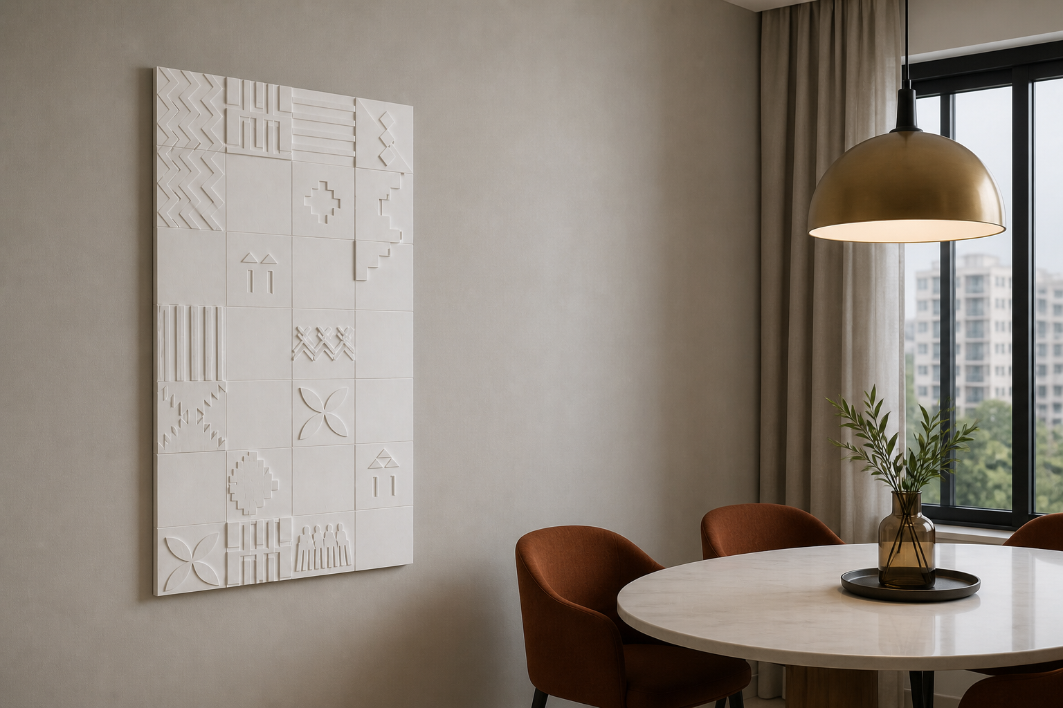Geometric Mosaic white Corian wall panel, left angle view in a Mumbai home interior visualisation