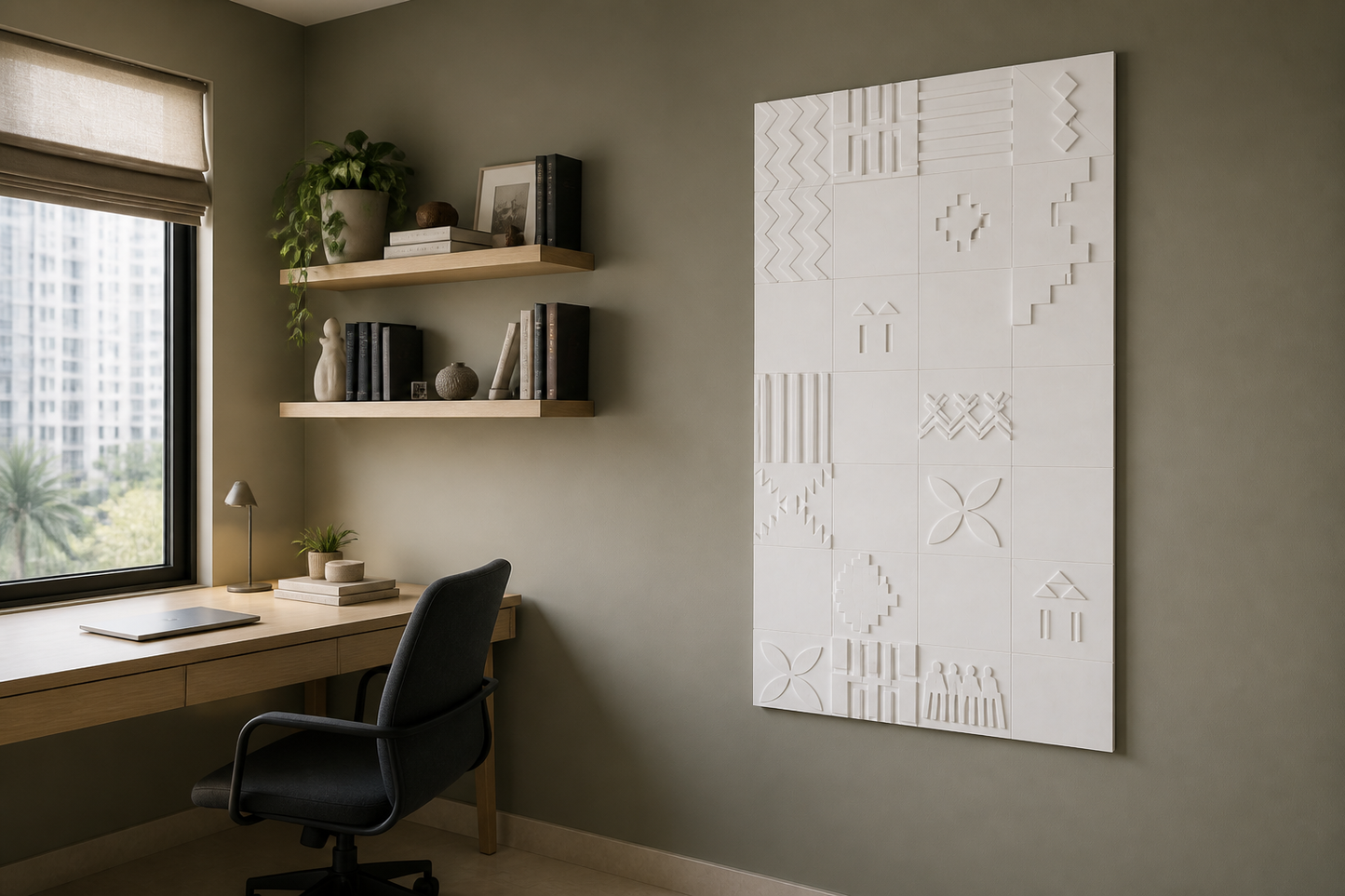 Geometric Mosaic white Corian wall panel, right angle view in a Mumbai home interior visualisation
