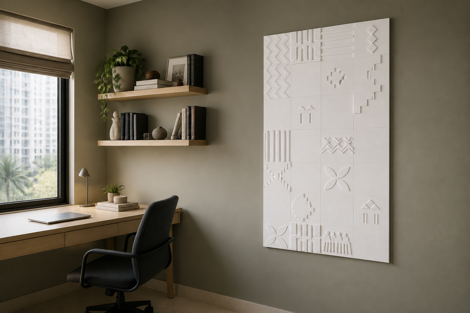 Geometric Mosaic white Corian wall panel, right angle view in a Mumbai home interior visualisation