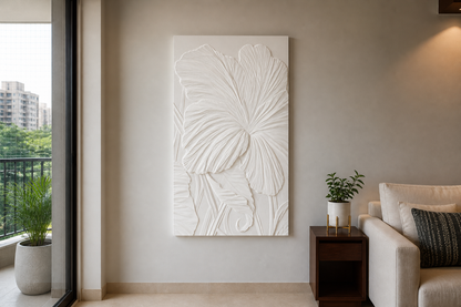 Ginkgo Fan white Corian wall panel, front view in a Mumbai home interior visualisation