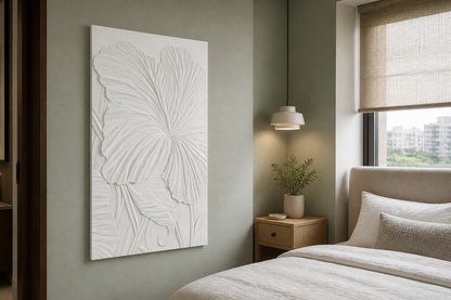 Ginkgo Fan white Corian wall panel, left angle view in a Mumbai home interior visualisation