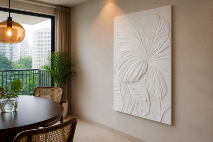 Ginkgo Fan white Corian wall panel, right angle view in a Mumbai home interior visualisation