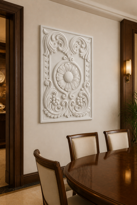 Heritage Rosette Scroll white Corian wall panel left angle in warm-walnut Chembur dining room