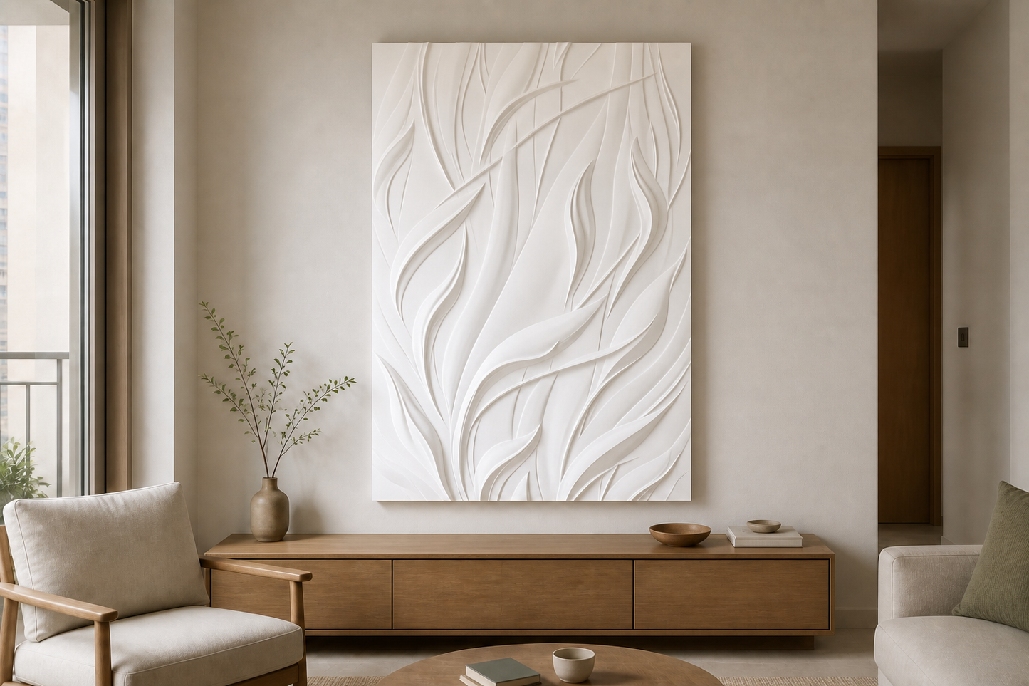 Rising Leaves white Corian wall panel, front view in a Mumbai home interior visualisation