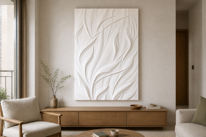 Rising Leaves white Corian wall panel, front view in a Mumbai home interior visualisation