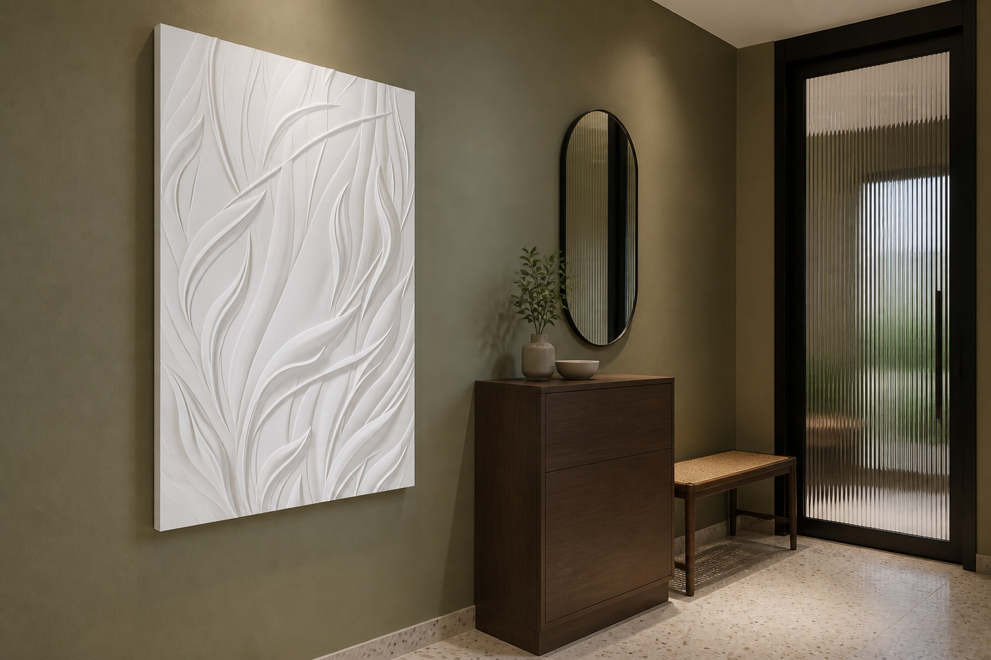 Rising Leaves white Corian wall panel, left angle view in a Mumbai home interior visualisation