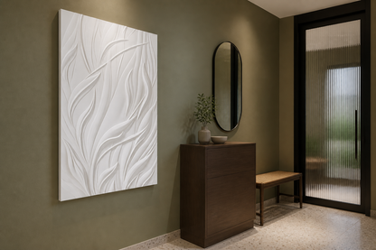 Rising Leaves white Corian wall panel, left angle view in a Mumbai home interior visualisation