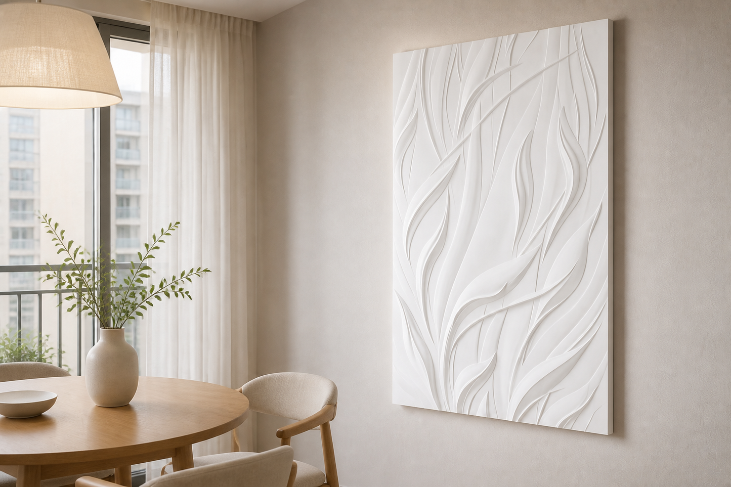 Rising Leaves white Corian wall panel, right angle view in a Mumbai home interior visualisation