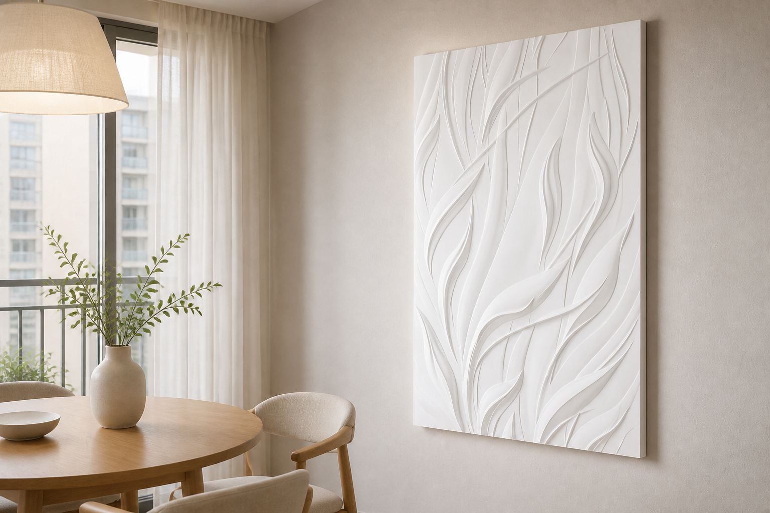 Rising Leaves white Corian wall panel, right angle view in a Mumbai home interior visualisation