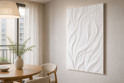 Rising Leaves white Corian wall panel, right angle view in a Mumbai home interior visualisation