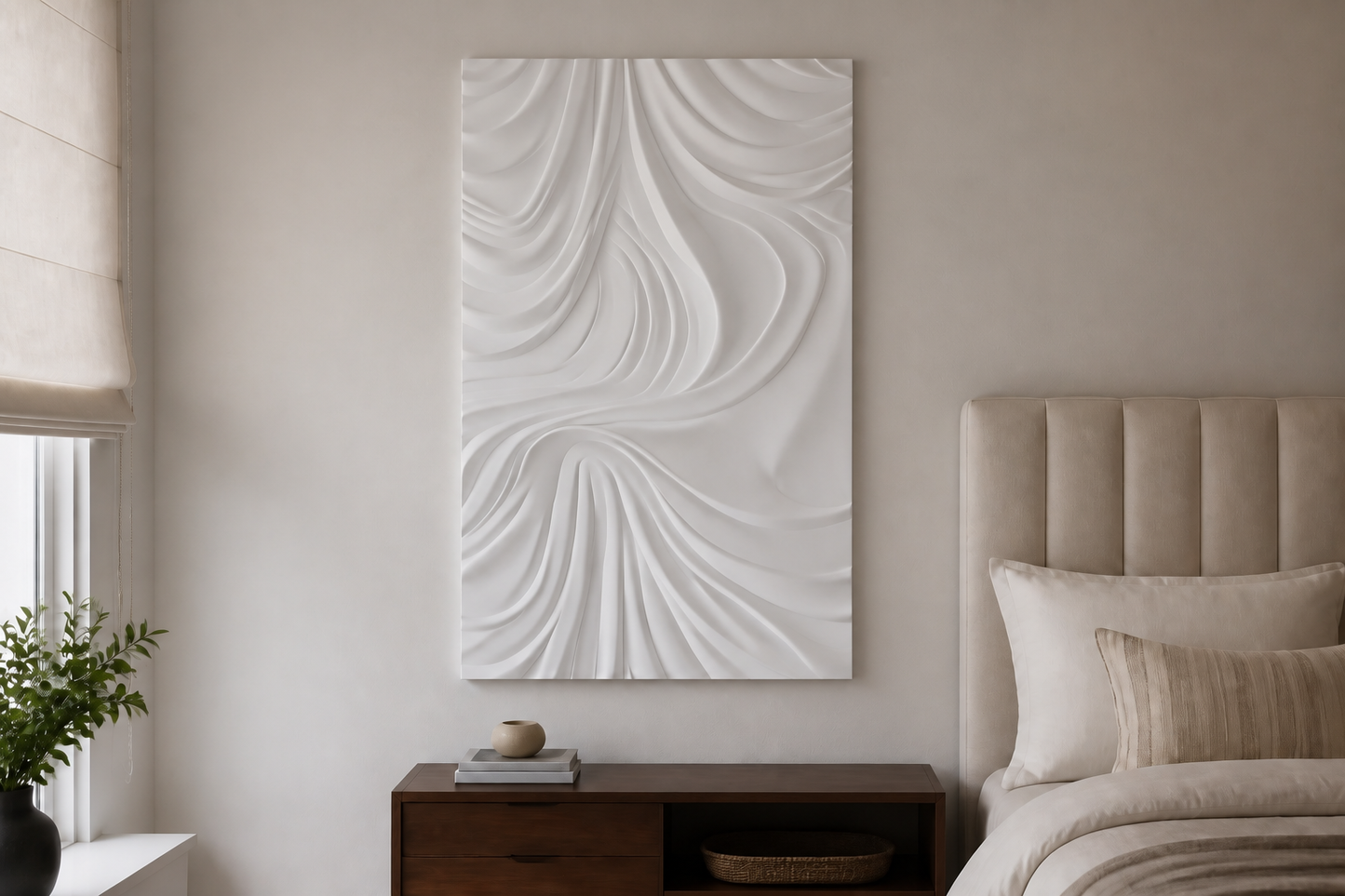 Silk Drape white Corian wall panel, front view in a Mumbai home interior visualisation