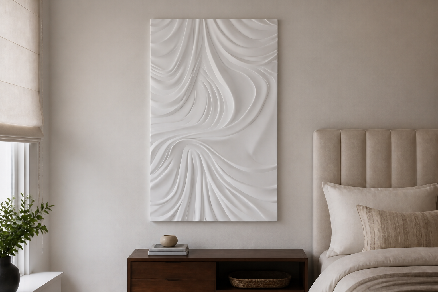 Silk Drape white Corian wall panel, front view in a Mumbai home interior visualisation