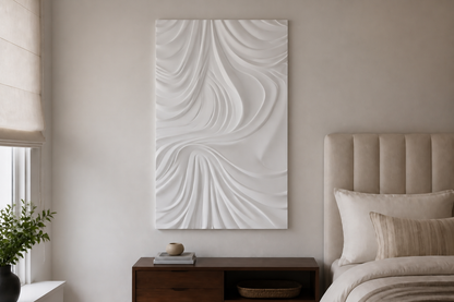 Silk Drape white Corian wall panel, front view in a Mumbai home interior visualisation