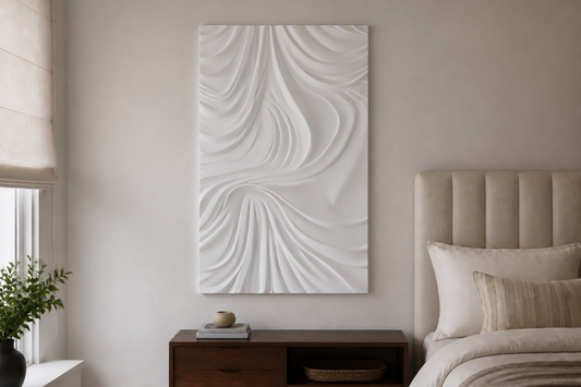 Silk Drape white Corian wall panel, front view in a Mumbai home interior visualisation