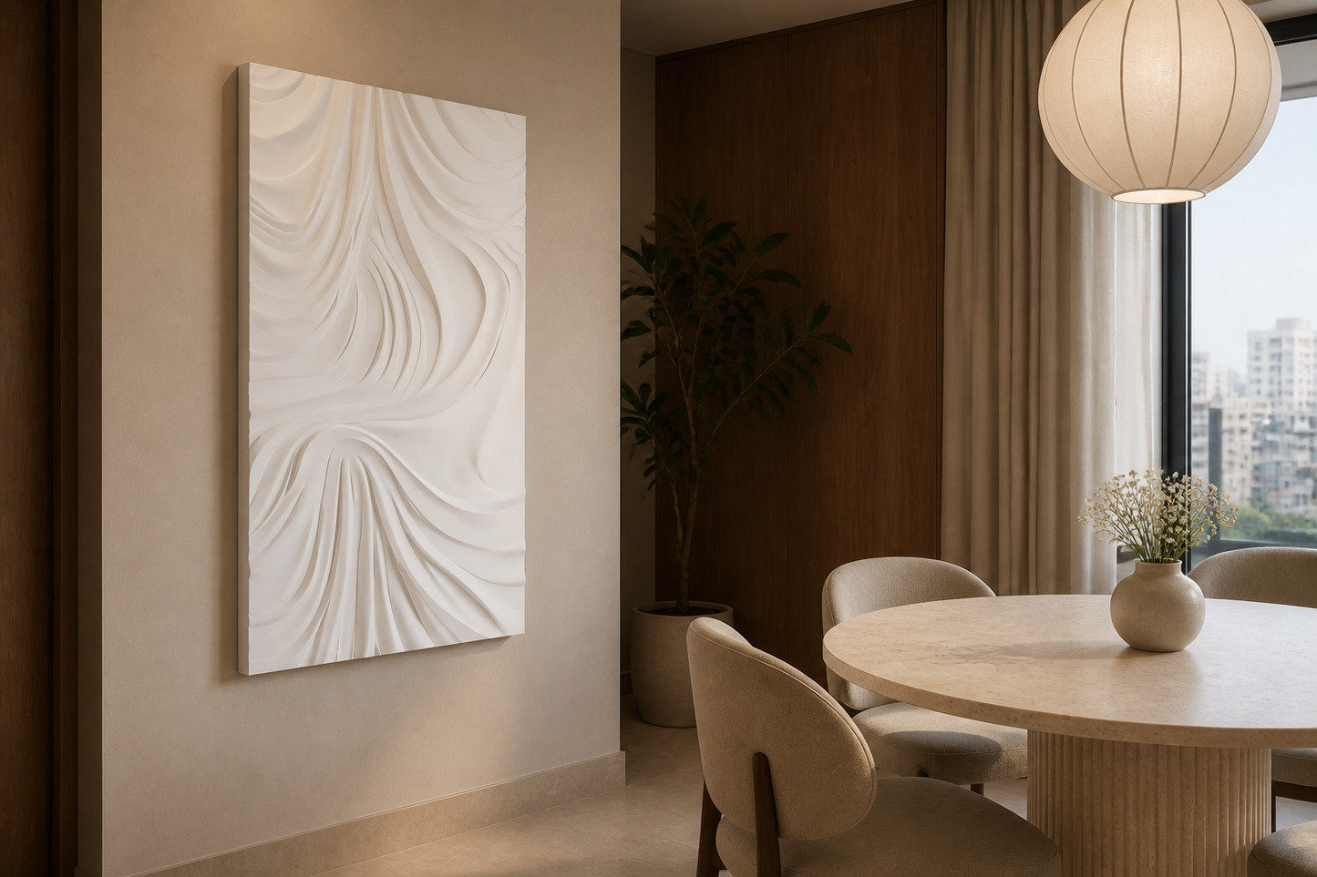 Silk Drape white Corian wall panel, left angle view in a Mumbai home interior visualisation