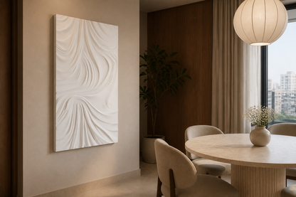 Silk Drape white Corian wall panel, left angle view in a Mumbai home interior visualisation