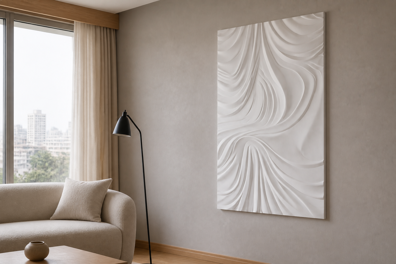 Silk Drape white Corian wall panel, right angle view in a Mumbai home interior visualisation