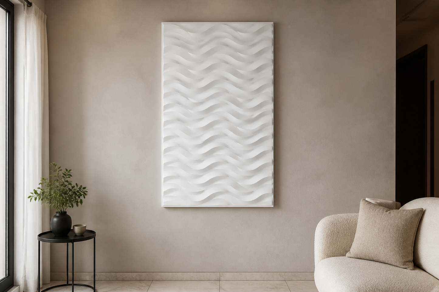 Tidal Rhythm white Corian wall panel, front view in a Mumbai home interior visualisation