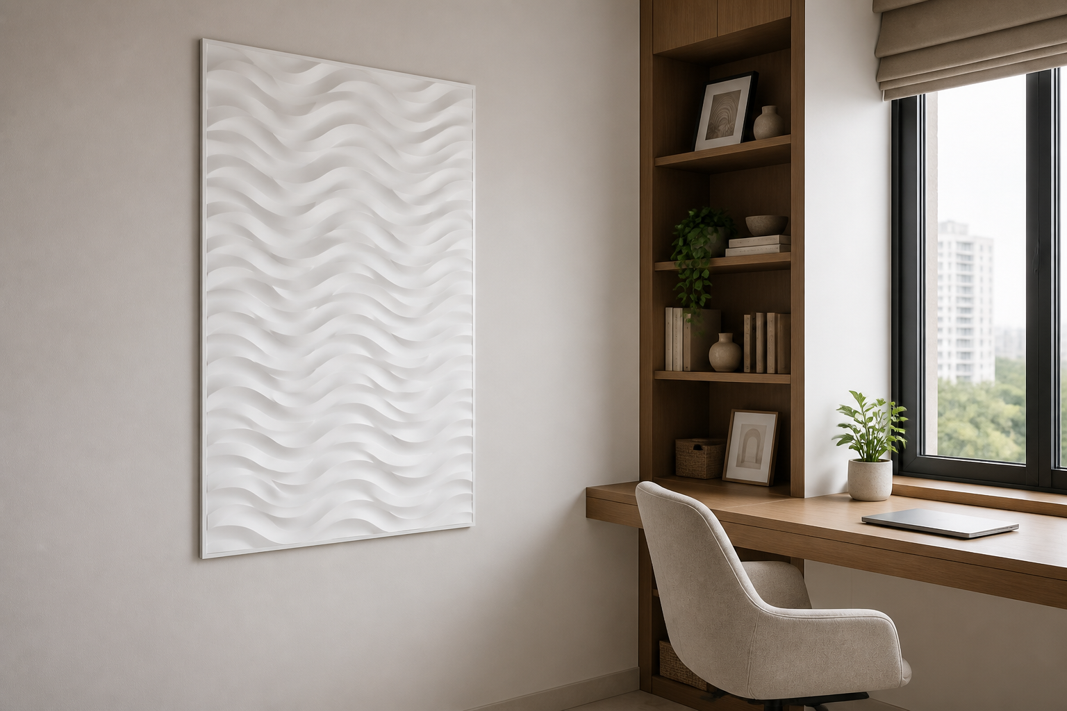 Tidal Rhythm white Corian wall panel, left angle view in a Mumbai home interior visualisation