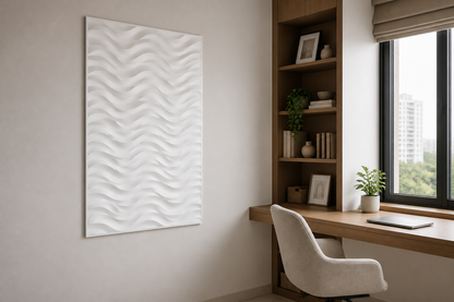 Tidal Rhythm white Corian wall panel, left angle view in a Mumbai home interior visualisation