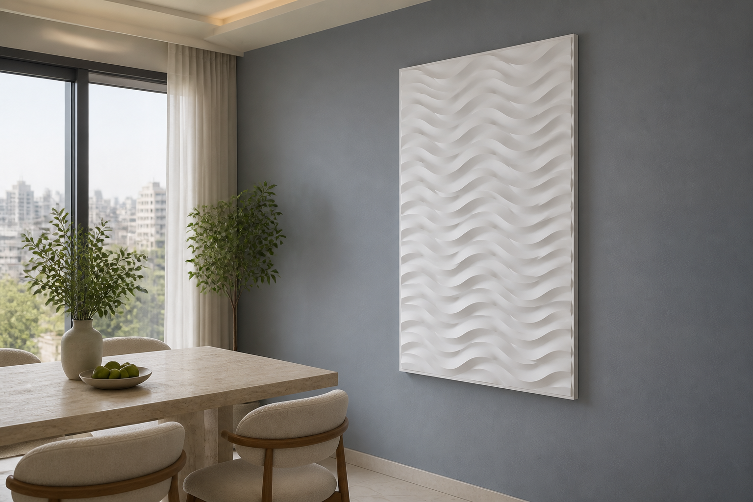 Tidal Rhythm white Corian wall panel, right angle view in a Mumbai home interior visualisation