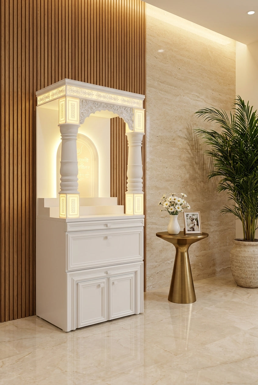 Premium Backlit Arch Fluted Pillar Corian Mandir - Satguru Creations Mumbai