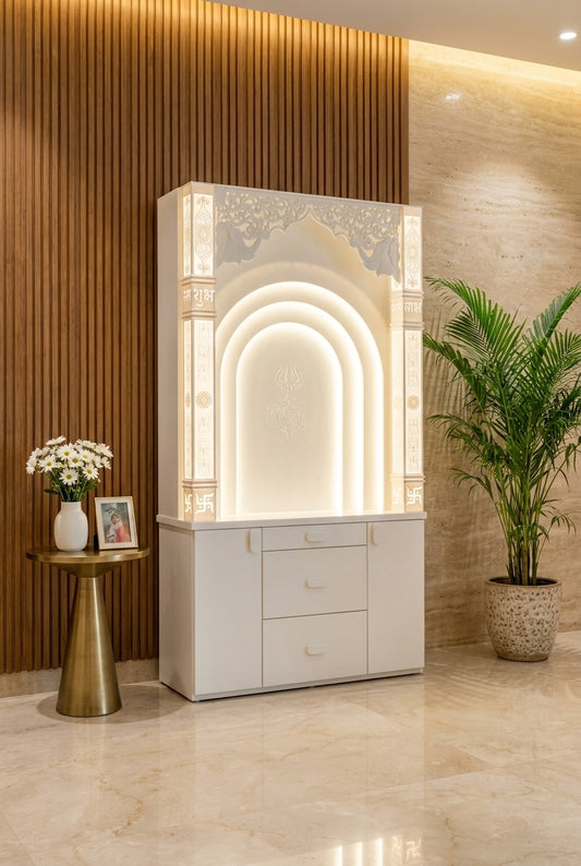 Corian Temple with 3 Layers and Trishul — Backlit Shiv Mandir — Luxury Home Interior — Satguru Creations