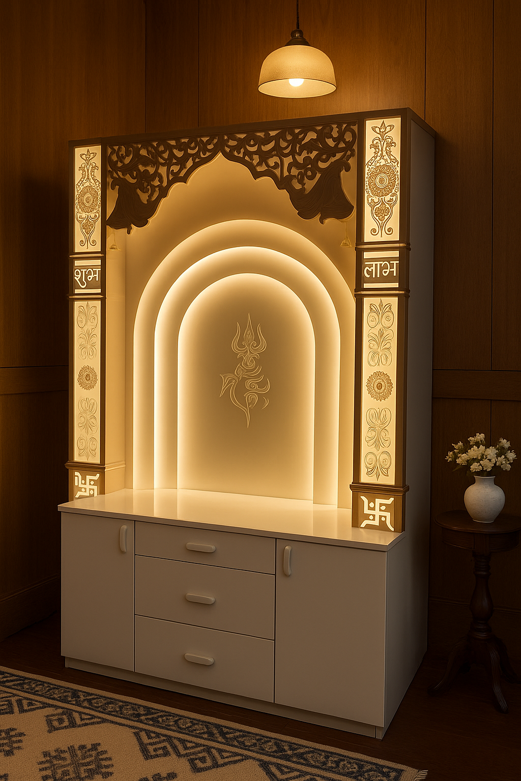 Corian Temple with 3 Layers and Trishul — Backlit Shiv Mandir — Luxury Indian Home Interior — Satguru Creations