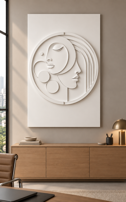 Counterface Arc Medallion satin white Corian wall panel, front view in a warm-grey Mumbai home office with a low oak credenza.