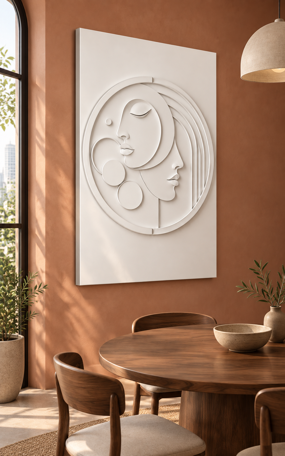 Counterface Arc Medallion satin white Corian wall panel, left view in a muted terracotta Mumbai dining alcove with a round walnut table.
