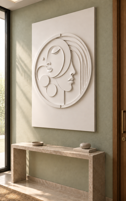 Counterface Arc Medallion satin white Corian wall panel, right view in a pale sage Mumbai entrance foyer with a slim stone console.