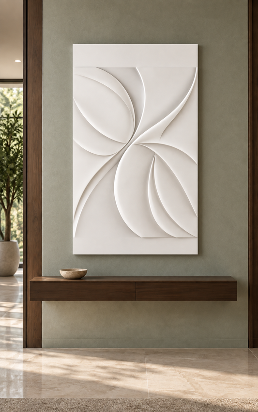 Counterturning Petal Fans satin white Corian wall panel, front view in a sage-grey Mumbai foyer with a dark walnut floating console.
