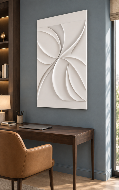Counterturning Petal Fans satin white Corian wall panel, right view in a blue-grey Mumbai home office with a dark oak desk.